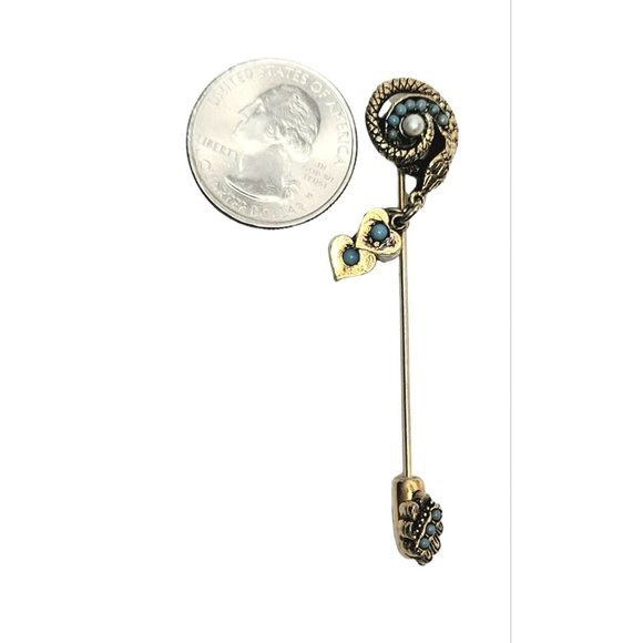Gold Tone Blue Ballotini Faux Pearl Heart Charm Snake Serpent Stick Pin - Picture 2 of 5